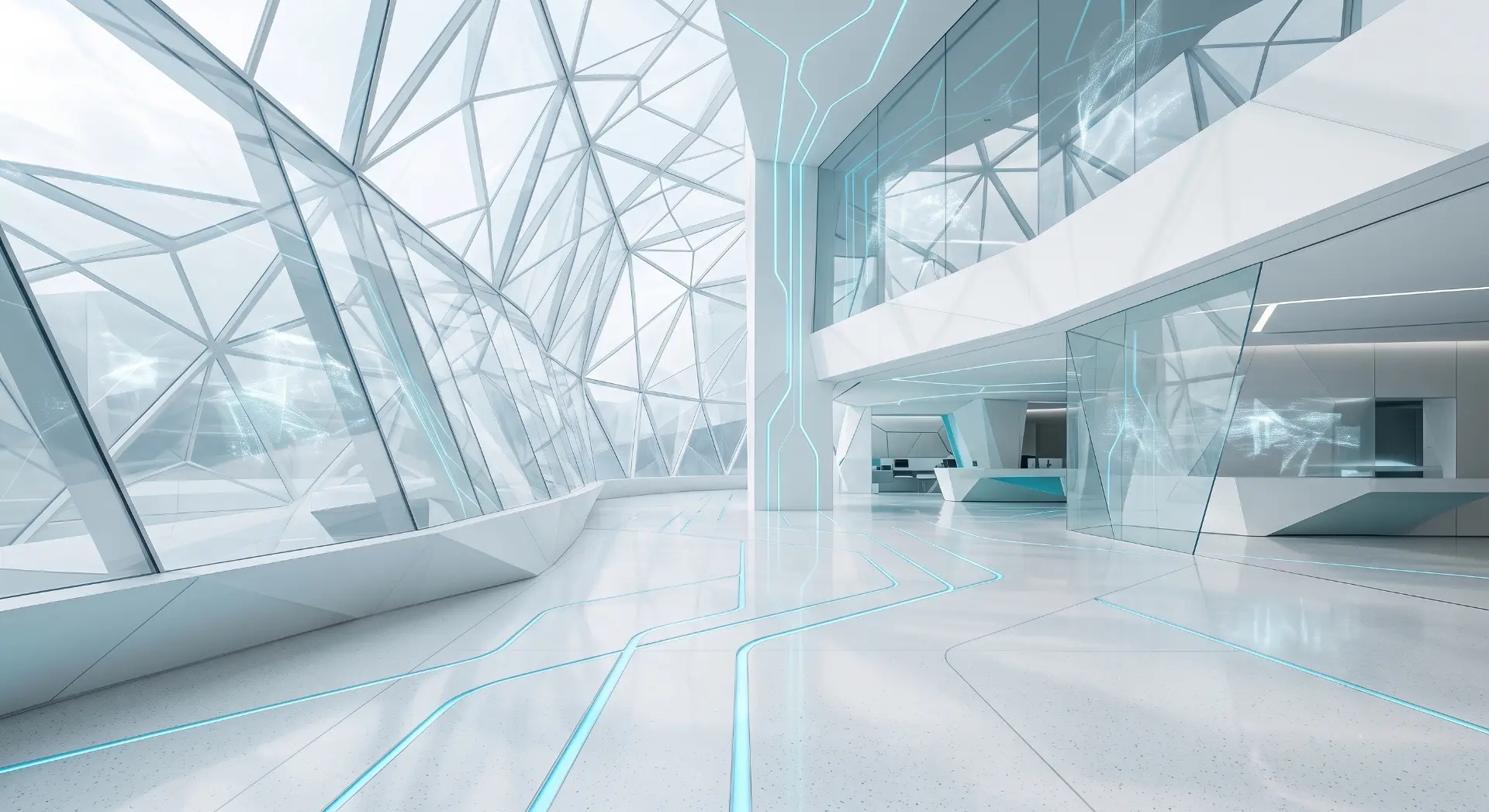 Light-filled faceted glass atrium with cyan circuitry lines in the floor